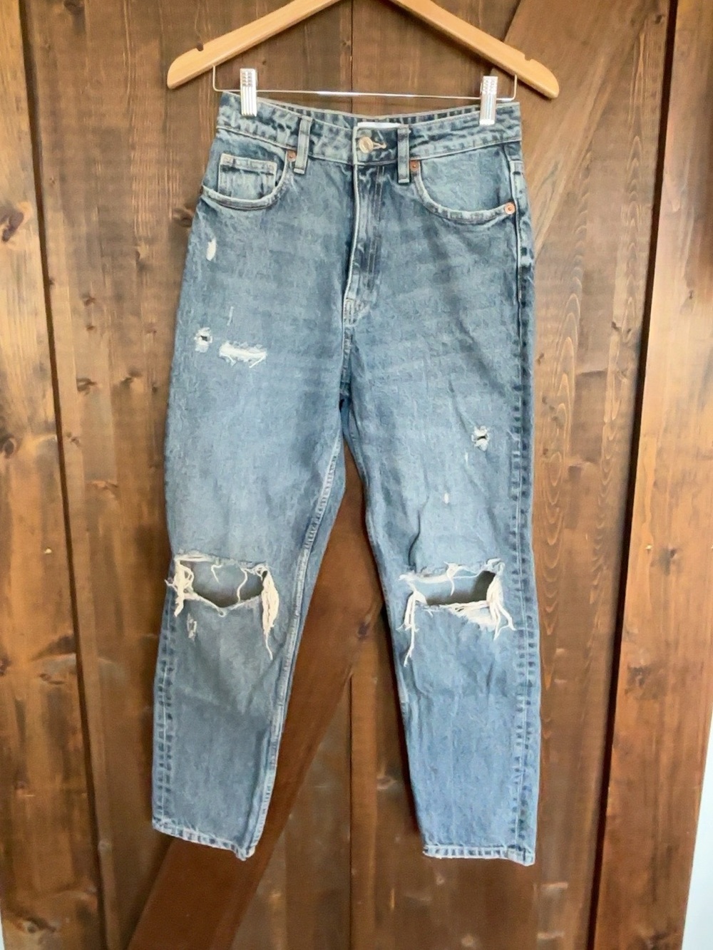 Zara High Rise Distressed Mom Jeans Ripped Denim
